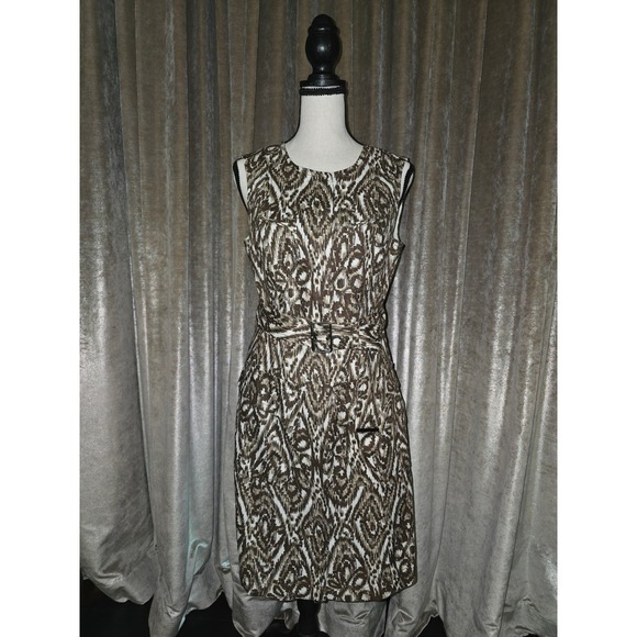Worth New York Dresses & Skirts - Worth New York Brown White Ikat Print 100% Linen Belted Sleeveless Dress Size 6